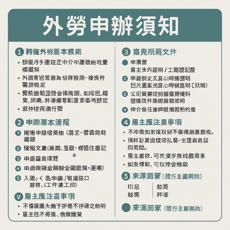 以下是台灣雇主在聘僱外籍勞工時的一般 外勞申辦須知（適用於看護工、幫傭、製造業外勞等類別）：