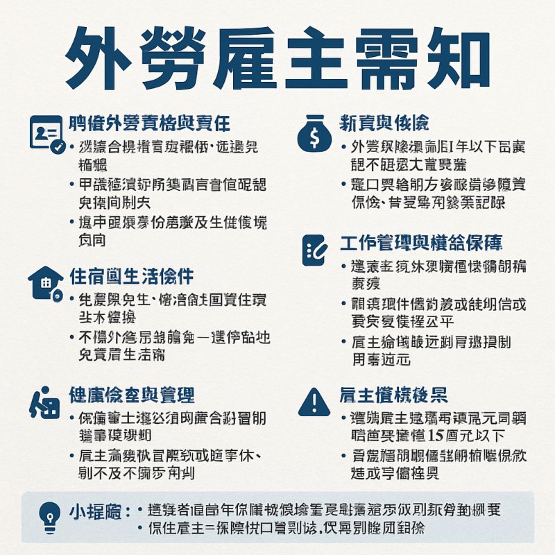 以下是台灣雇主聘僱外籍勞工時的重要 「外勞雇主需知」，無論是家庭看護、幫傭、製造業或機構聘僱都適用